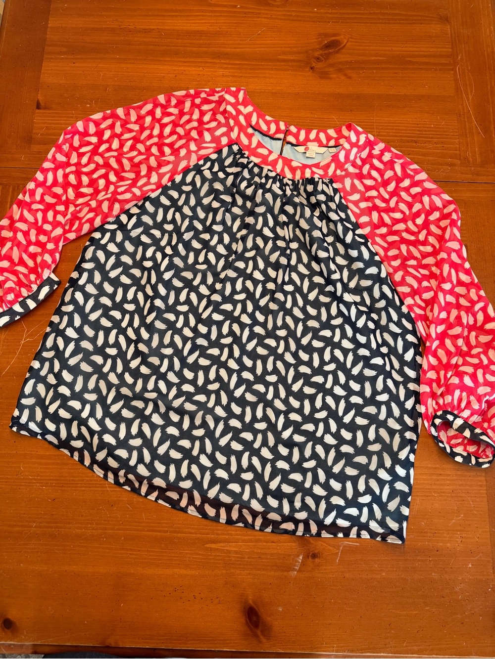 Boden Navy and Hot Pink Raglan Leaf-Print Blouse